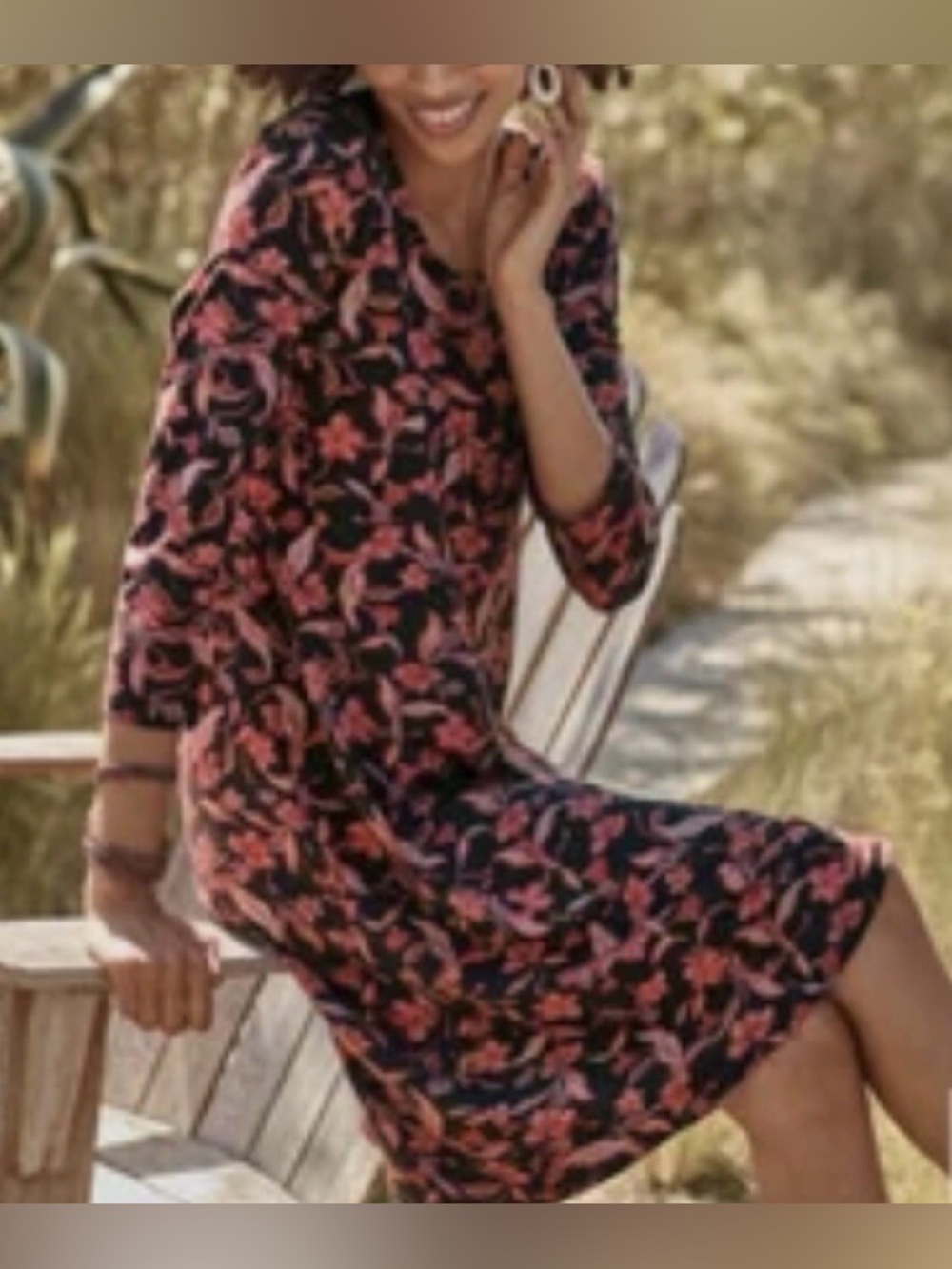 Garnet Hill Black Midi Dress with Coral Floral Print